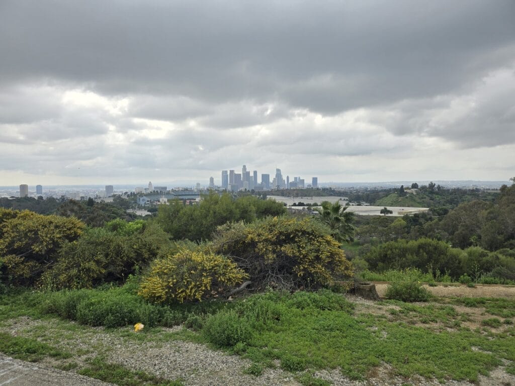 Los Angeles skyline view from a hiking trail with lush green vegetation and cloudy skies.